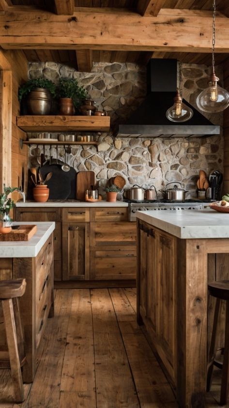 a rustic kitchen with wood floors and stone walls, along with an island in the middle