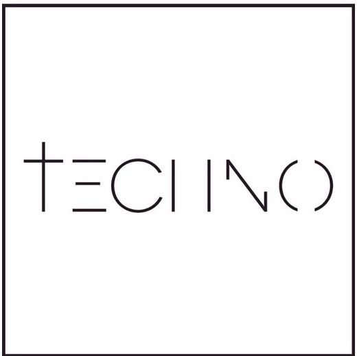 the word techno written in black and white on a square frame with an image of a