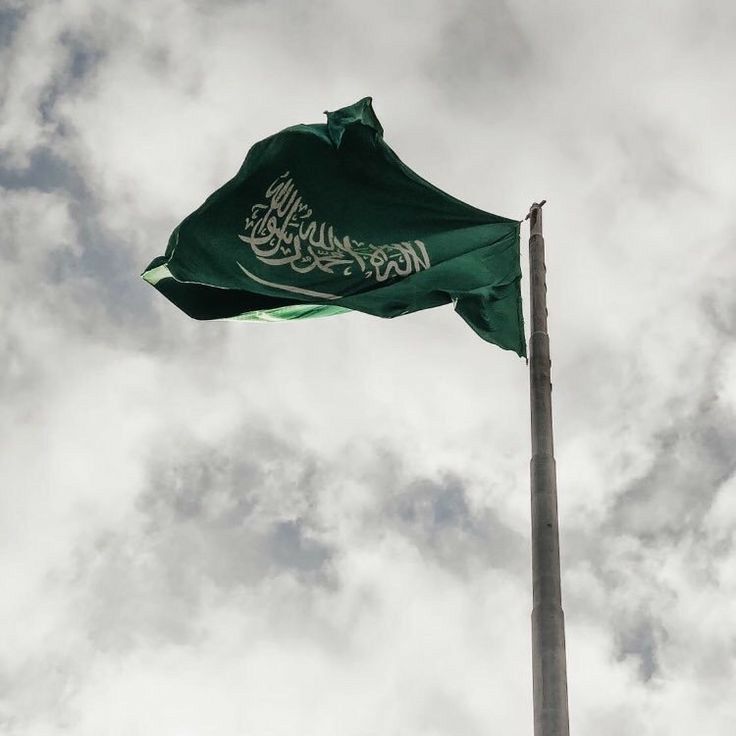 a green flag flying in the wind on a cloudy day