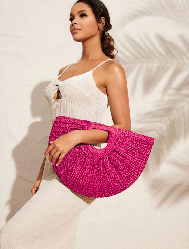 Straw Woven Beach Handbag – La Fraise Fashion Chic Woven Beach Bag With Round Handle, Straw Bag With Round Handle For Beach, Straw Shopping Bag With Round Handle, Straw Bag With Round Handle For Shopping, Chic Spring Beach Bag With Round Handle, Natural Top Handle Straw Bag For Day Out, Vacation Crochet Bag With Braided Handles For Shopping, Trendy Woven Straw Bag With Round Handle, Chic Double Handle Beach Bag With Bamboo Handle