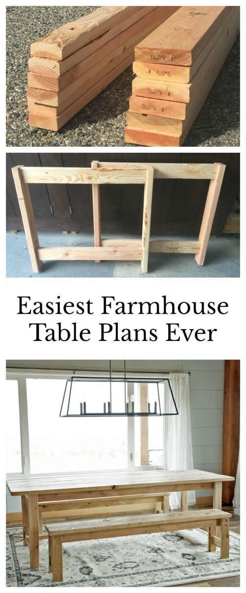 three different tables and benches made out of pallet wood with text overlay reading easyest farmhouse table plans ever