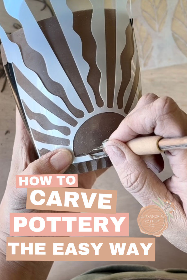 someone is painting the inside of a pottery vase with brown and white stripes on it