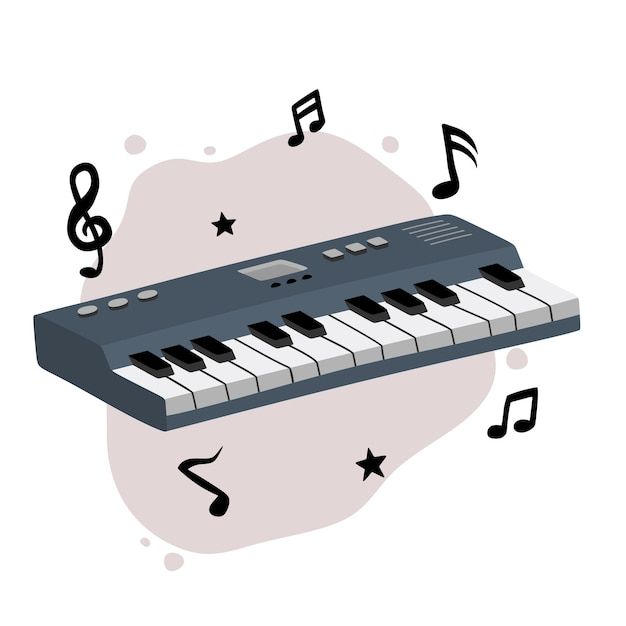 an electronic keyboard with musical notes around it