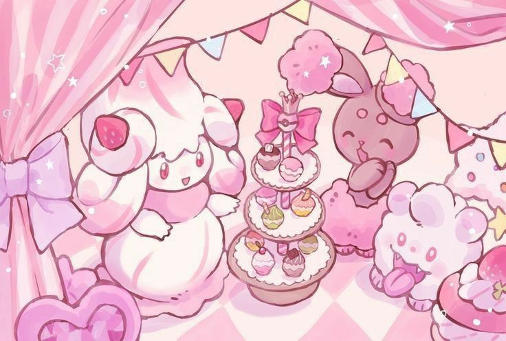 there are many different types of cakes on this pink tablecloth with teddy bears and unicorns around it