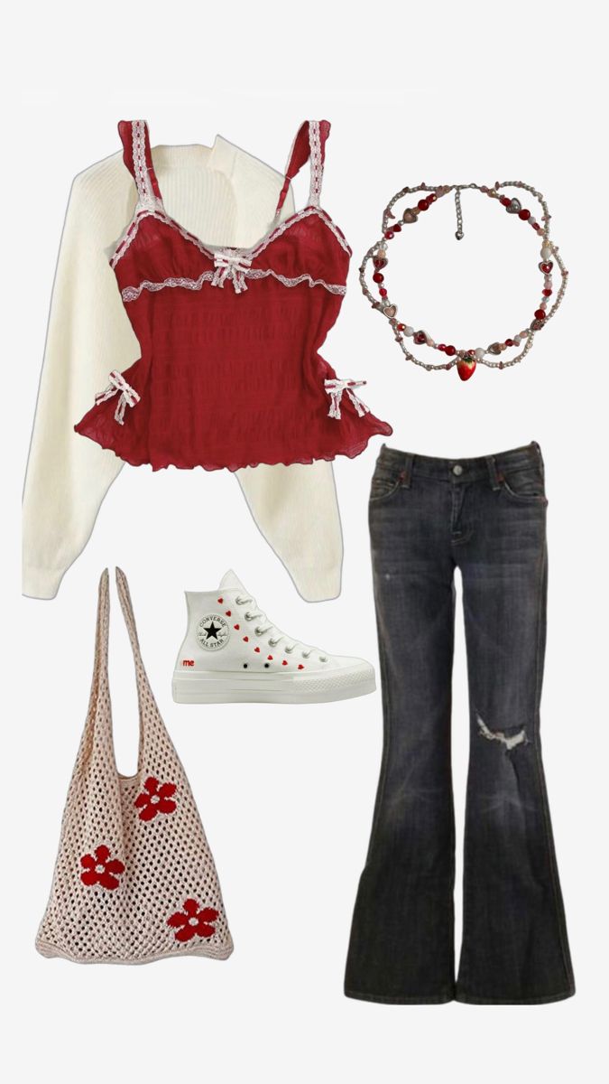 Cool Cute Outfits, Love Core Fashion, Love Core Outfits, 1950s Cottagecore, Croquette Aesthetic Outfits, Long Coat Outfits, Red And Pink Outfit, Polyvore Outfits Aesthetic, Red Outfit Ideas