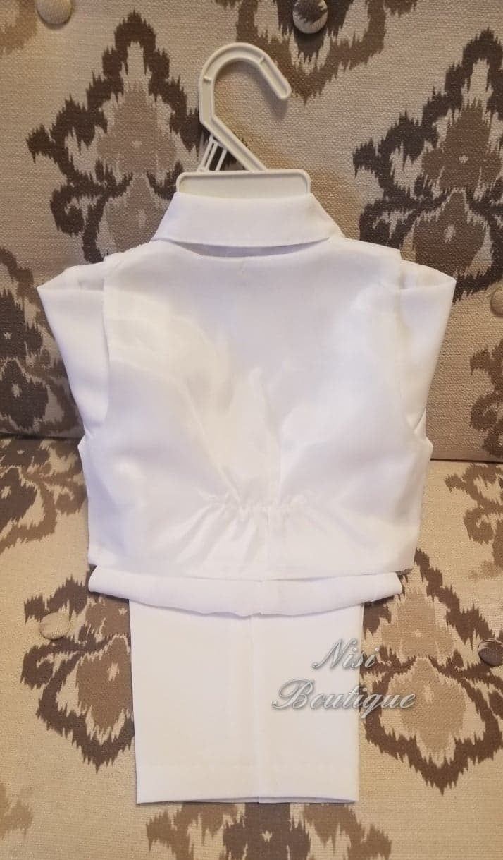 "White Color 6 pieces Baby Boy Christening Outfit It is perfect for baptism, blessing or any special occasion Comes with: -Shirt -Pants (The waist has elastic on the back for more comfort) -Sash (Is embroidered) -Tie -Suit jacket -Vest Measurements Size 9/12 mt pant's (waist 16\", long 17.5\" )shirt shoulder to shoulder ( 9\" ) shirt sleeve ( 10.5\" ) Size 12/18 mt pant's (waist 16\", long 18.5\" )shirt shoulder to shoulder ( 9.5\" ) shirt sleeve ( 11\" ) Size 2t pants (waist 17\", long 19\" ) s Customizable Cotton Sets For Baptism, Fitted White Onesie For Baptism, Boy Baptism Outfit Catholic, Cotton Embroidered Sets For Baptism, Cotton Onesie For Baptism, Baby Boy Christening Outfit, Boy Christening Outfit, Boy Baptism Outfit, Baby Boy Christening