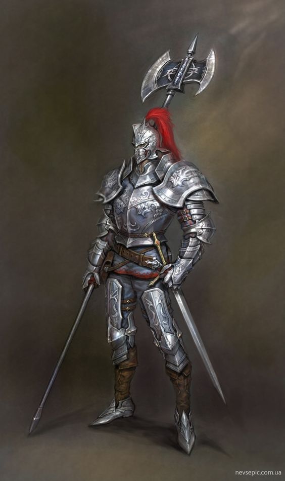 a drawing of a knight in armor with two swords and a helmet on his head