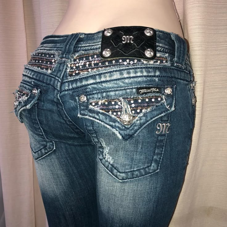 Miss Me Blue Jean With Gold/Silver Rhinestone And Sequins In A Boot Cut Style. Inseam 34 2000s Pants Jeans, Y2k Miss Me Jeans, Miss Me Bootcut Jeans, Miss Me Flare Jeans, Miss Me Jeans Outfit, Mcbling Jeans, Low Rise Y2k Jeans, Y2k Low Rise Jeans, Missme Jeans