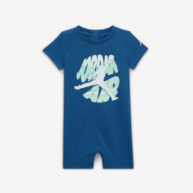 Smaller ballers-to-be can rep the Brand of Flight in this warm weather romper, which is made of cotton/poly jersey knit fabric that feels soft and gentle on baby's skin. Roomy enough to layer over a bodysuit for extra warmth, this wardrobe essential has snappy tape closures at the shoulder and inseam to make changing and dressing easy. Sporty Cotton Onesie For Loungewear, Blue Cotton Onesie For Loungewear, Blue Cotton Bodysuit For Loungewear, Casual Blue Short Sleeve Bubble Romper, Casual Blue Cotton Bodysuit, Casual Light Blue Onesie For Playtime, Blue Cotton Bubble Romper With Short Sleeves, Casual Short Sleeve Bodysuit For Sports, Light Blue Casual Onesie