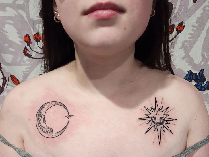 a woman with two tattoos on her chest and one has a sun and moon tattoo