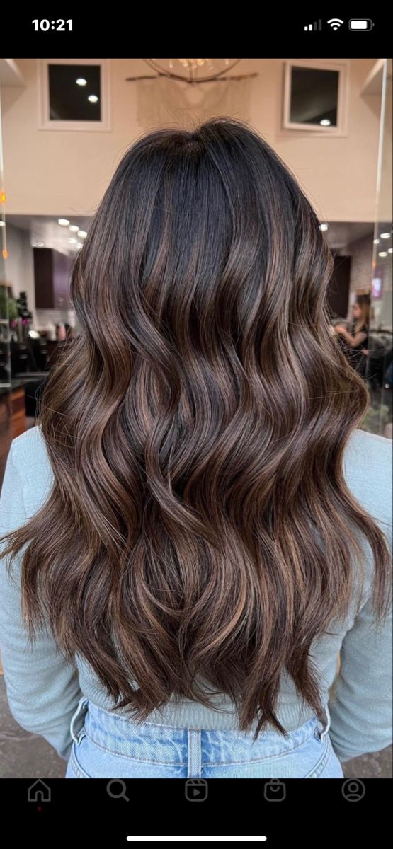 Black Hair With Chocolate Balayage, Dark Brown Hair With Lowlights Balayage, Lowlights Brown Hair Brunettes, Lowlight Balayage For Brunettes, Brunette Hair Ideas Colour, Dark Brown Hair Light Highlights, Low Light Brunette Hair, Low Light Hair Color Brown, Dark Low Lights On Brown Hair