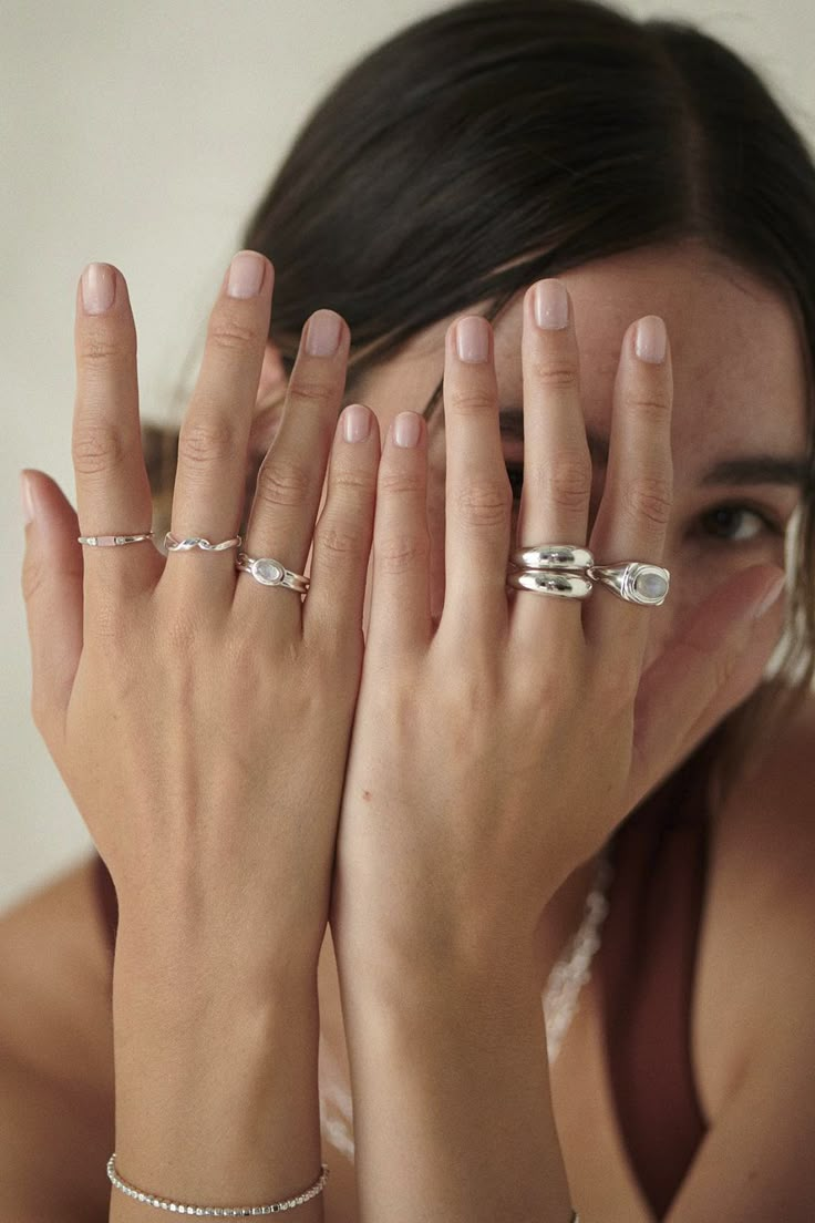 Silver Stackable Rings, Silver Rings Stacking, Stack Silver Rings, Rings Gold And Silver Mixed, Silver Rings Full Hand, Silver Rings Combination, Rings Layout, Mix And Match Rings, Rings Chunky Silver