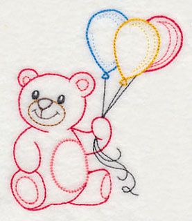 a teddy bear holding two balloons in it's paws