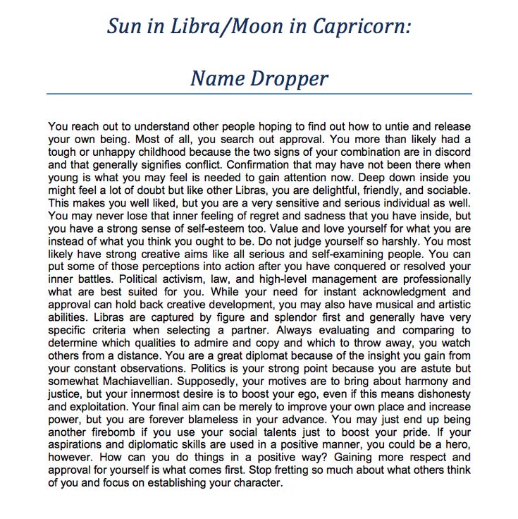 the sun in libra / moon in capricorn name dropper is shown