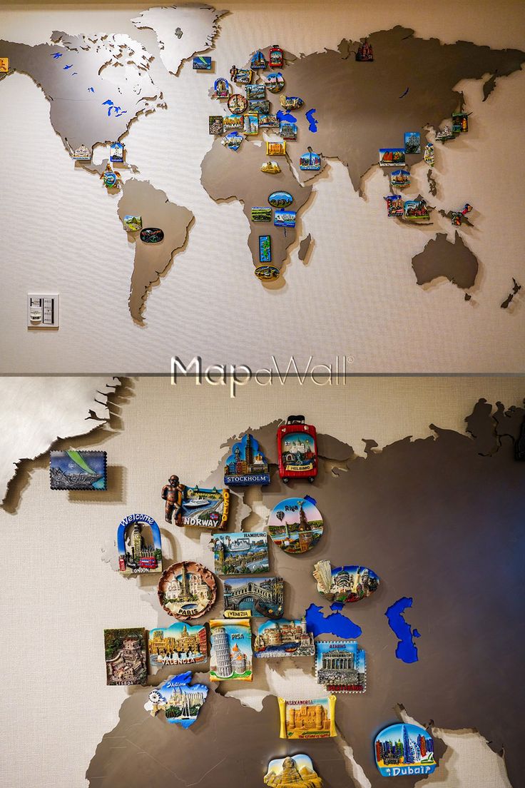 Magnetic stainless steel world map with colourful refrigerator magnets