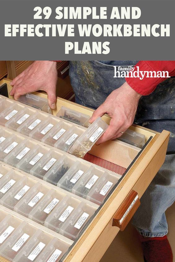 a man is organizing his workbench with clear plastic drawers and labels on them