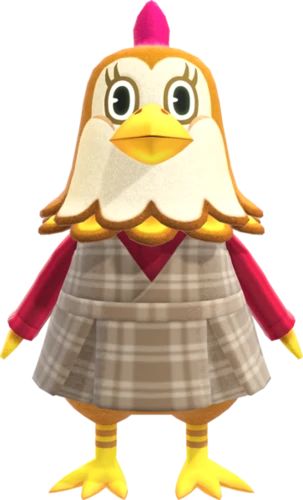 a cartoon chicken wearing a kilt and standing in front of a white background with one eye open