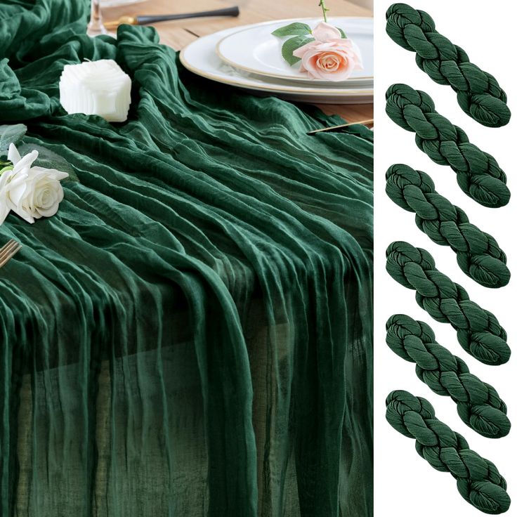 the table cloth is green and has flowers on it