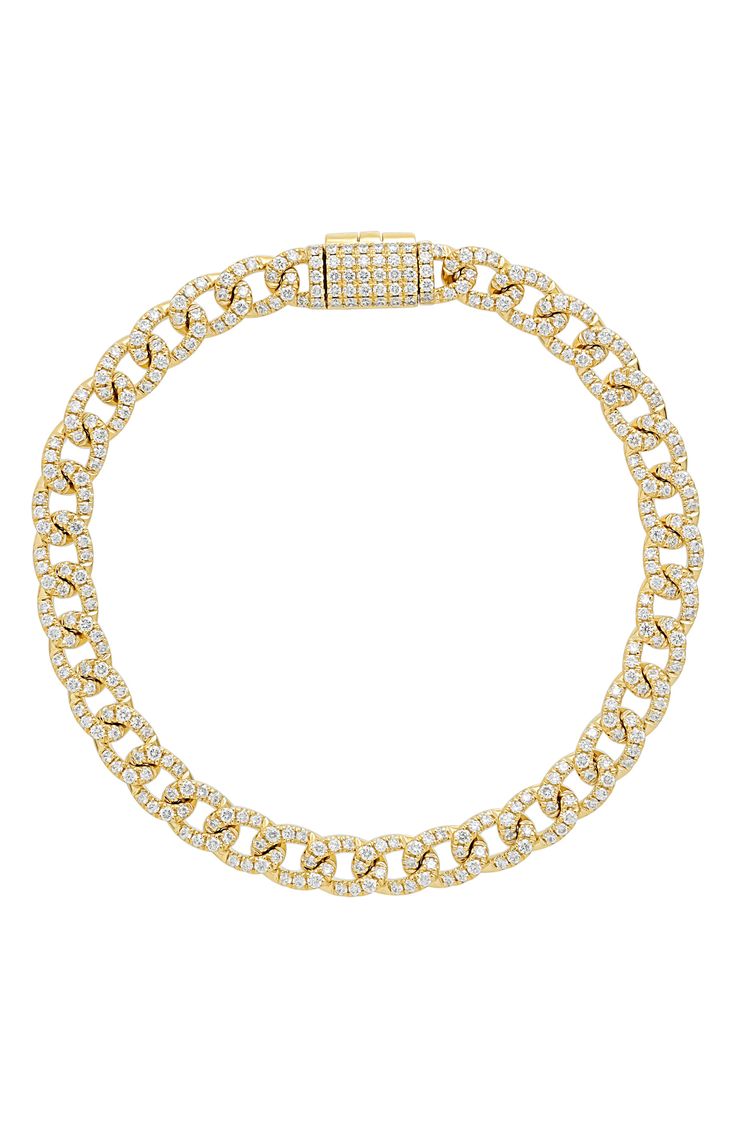 A shimmering array of 320 round diamonds floods the curb links of this stunning chain bracelet crafted from radiant 18-karat gold. 7" length; 1/4" width Total diamond weight: 2.57ct. Color: G Clarity: VS 18k gold/diamond Imported >Diamond Guide Bony Levy, Diamond Guide, Bracelet Crafts, Chain Bracelet, Round Diamonds, Gold Diamond, 18k Gold, Nordstrom, Yellow Gold