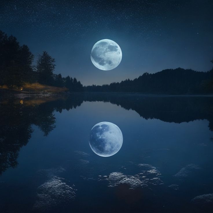 two full moons are seen over a lake in the middle of the night sky