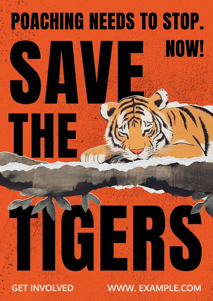 an orange and black poster with a tiger resting on a branch that says save the tigers