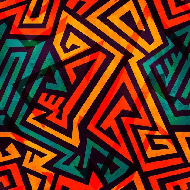 an abstract painting in red, orange and green colors with black lines on the bottom