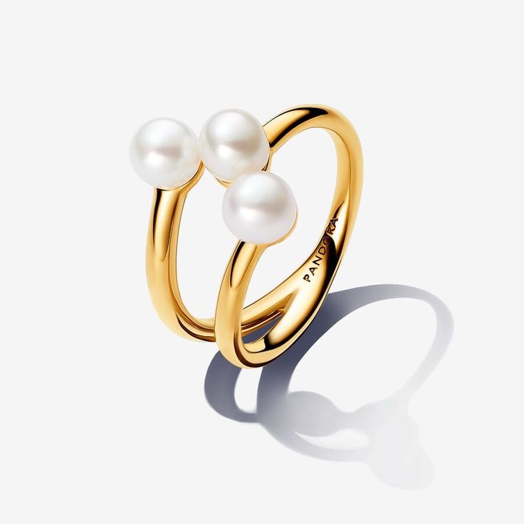 Treated Freshwater Cultured Pearl Open Ring Pandora Pearl, Pandora Essence, Double Band Rings, Freshwater Cultured Pearls, Gold Plated Rings, Open Ring, Pandora Jewelry, Pearl Ring, Cultured Pearls