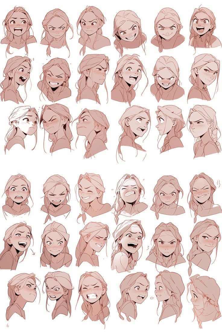 various poses and expressions for an animation character's face, head, and body