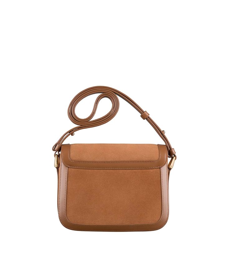 A.P.C. Women's bag.- Leather bag inspired by chic vintage clutch bags, in a small format. - Supple cowhide leather. - Adjustable leather shoulder strap. - Can be worn on the shoulder or across the chest. - Goldtone clasp. - Flap lined with cowhide suede split leather. - One large compartment. - Two large pockets. - Two goldtone rings on the sides. - Embossed goldtone 'A.P.C. Rue Madame Paris' logo. Timeless Brown Bags With Gold-tone Hardware, Timeless Brown Satchel With Detachable Strap, Timeless Brown Satchel With Adjustable Strap, Luxury Brown Satchel With Flap, Luxury Brown Flap Satchel, Brown Calf Leather Satchel With Detachable Strap, Timeless Brown Shoulder Bag With Gold-tone Hardware, Brown Calf Leather Satchel With Gold-tone Hardware, Timeless Brown Bag With Detachable Strap