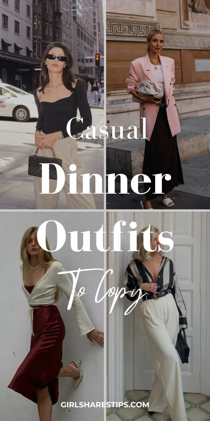 Discover 40+ effortlessly chic dinner date outfits that are casual yet classy and elegant. Perfect for an old money, expensive look that's stylish and trendy for spring, summer, fall, and winter. Whether it's Thanksgiving with friends, a girls' night out, dinner with colleagues, family gatherings, anniversaries, birthdays, Valentine's Day, Christmas parties, or just going out, these ideas have you covered! Casual Classy Dinner Outfit, Casual Chic Going Out Outfits, Outfits For Evening Out Night Casual, Spring Outfits Party Casual, Outfit For Evening Out Night, Cold Summer Evening Outfit, Evening Outing Outfits, Date Night Dinner Outfit Fall, Work To Evening Outfit Ideas