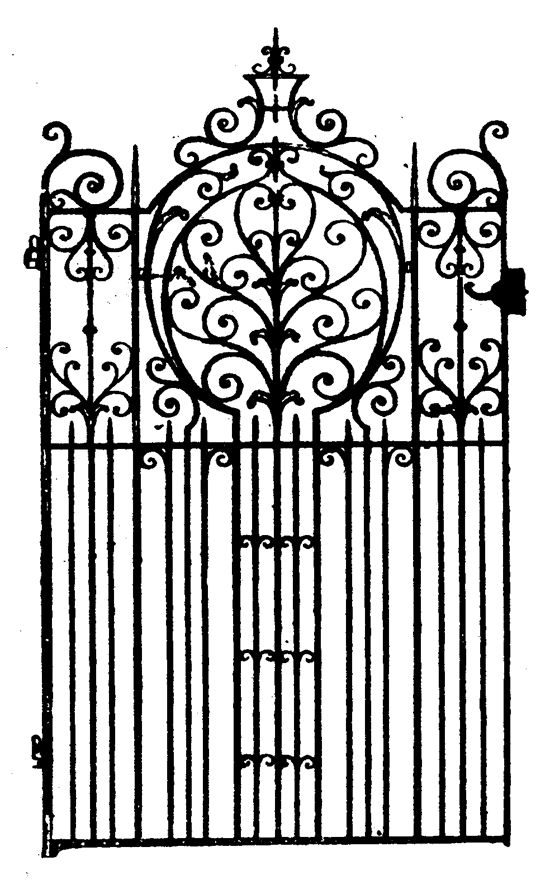 an iron gate with decorative designs on the top and bottom, vintage line drawing or engraving