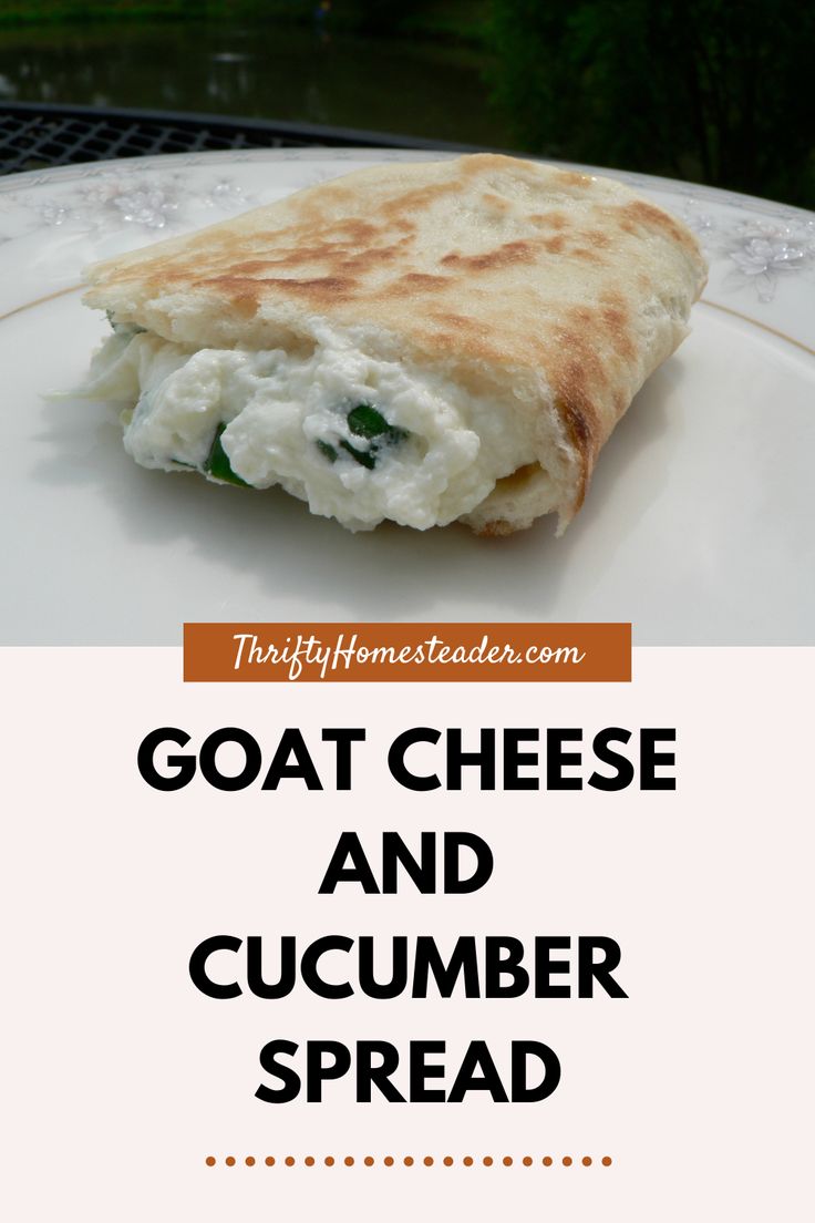 goat cheese and cucumber spread on a plate with text overlay that reads goat cheese and cucumber spread