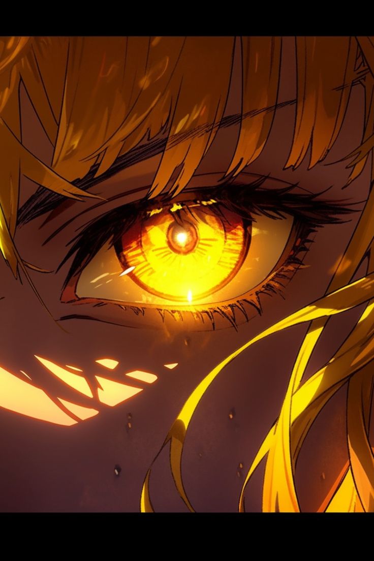 an anime character's eye with yellow hair and orange eyeshade, looking into the distance