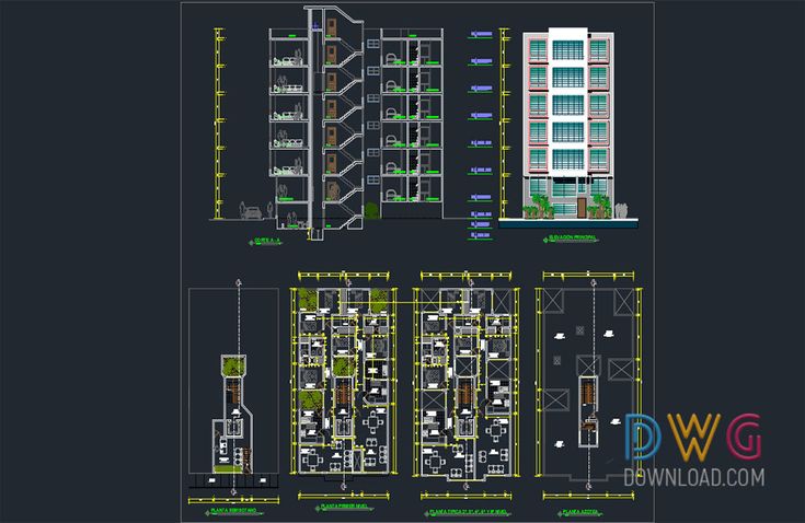 an architectural drawing of a building with multiple floors and balconies on each floor