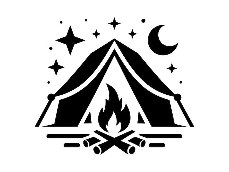 a black and white image of a tent on fire with stars, moon and crescent