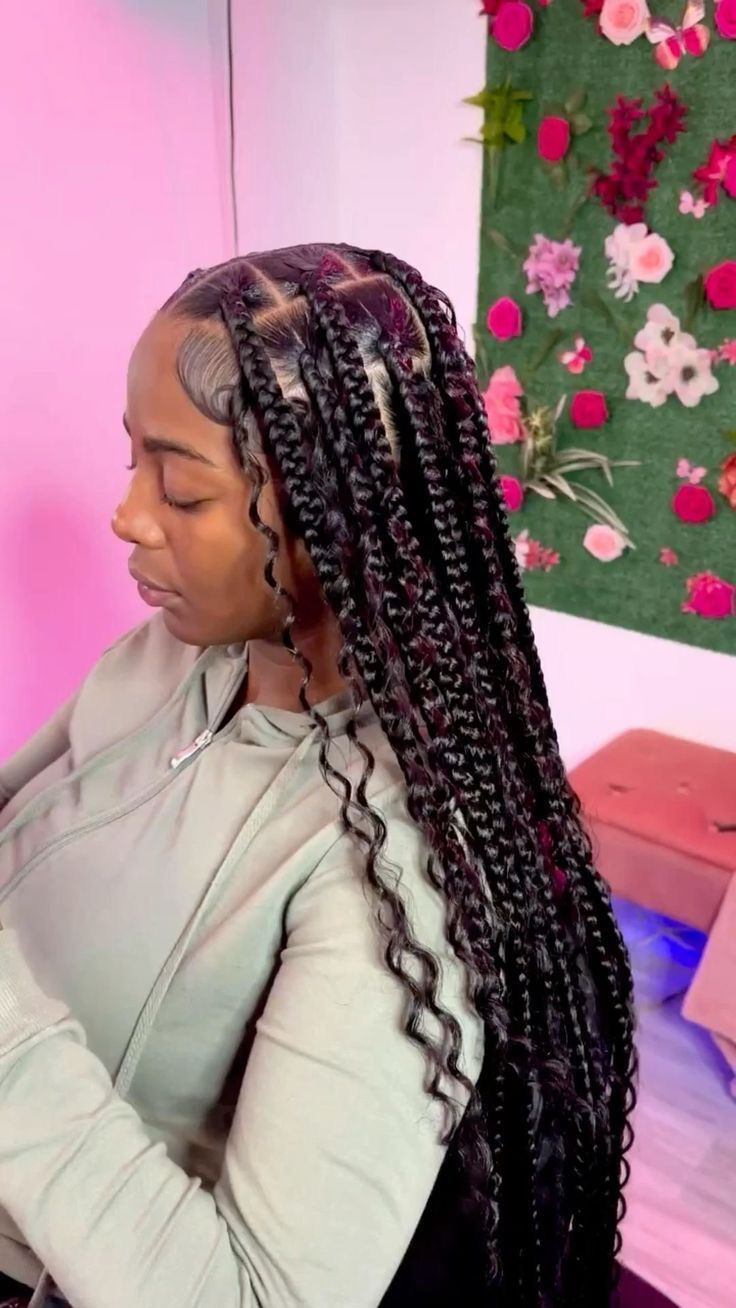 Babydoll Knotless Braids, Boho Braids Knotless Black Women, Birthday Hair Inspo Braids, Large Curly Knotless Braids, Big Knotless Goddess Braids, Large Knotless Box Braids Goddess, Big Knot Less Braids, Goddess Braids Big Parts, Braided Hairstyles Big Braids