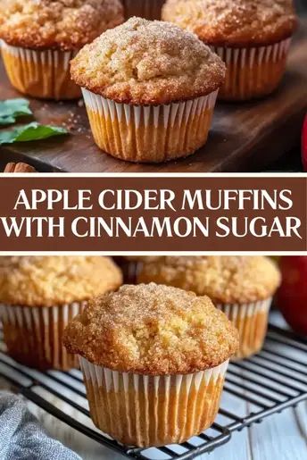 apple cider muffins with cinnamon sugar are on a cooling rack next to an apple