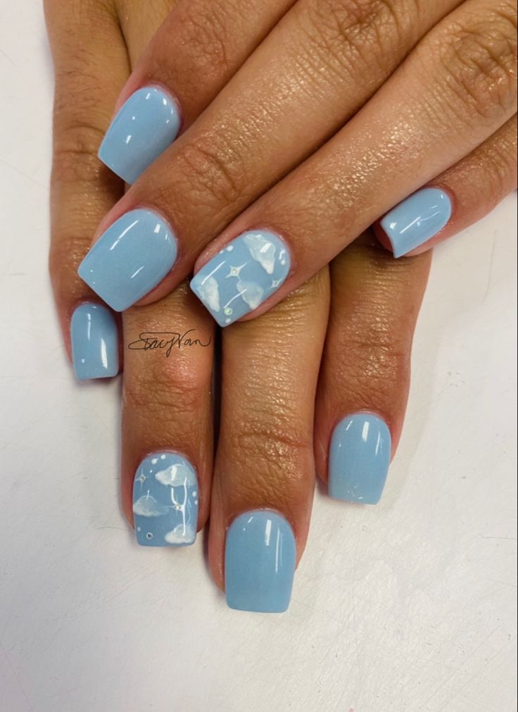 Funny bunny -OPI and Alpine snow -OPI clouds Blue Pastel Nails Design, Light Blue Nail Designs Short, Short Nail Designs Sky Blue, Pastel Nails Blue, Pastel Blue Nails Short, Short Blue Nail Ideas, Cloud Blue Nails, Babyblue Nails Design, Cloud Nail Designs Short