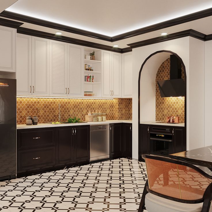 a kitchen with black and white tile flooring next to a refrigerator freezer oven