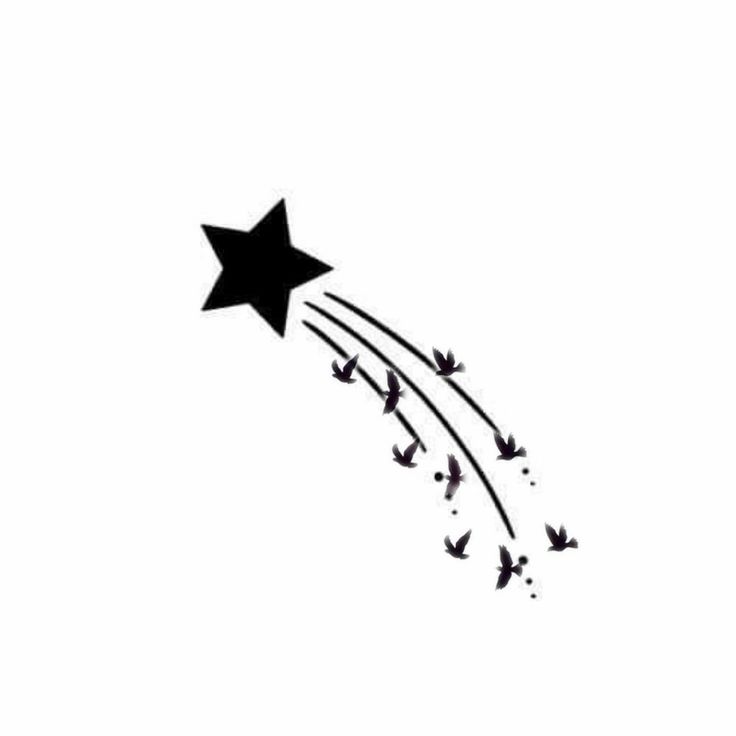 a black and white drawing of birds flying in the sky with a star on top