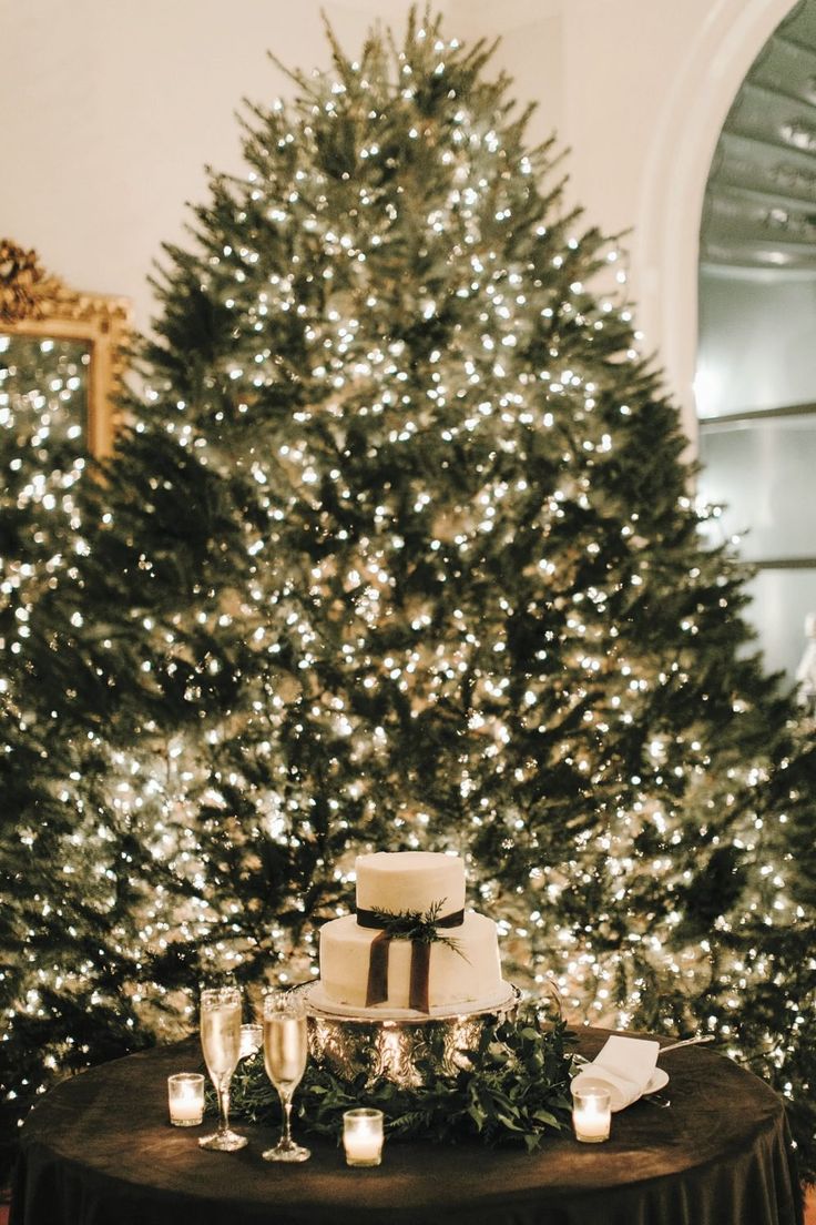 a table topped with a cake next to a large christmas tree covered in white lights