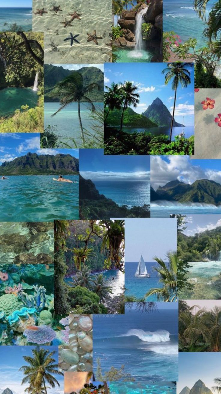 a collage of pictures with the ocean, mountains and trees in each one photo