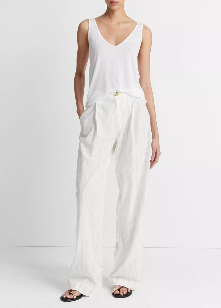 Striped Pleated Trouser in Trousers | Vince Viscose Wide-leg Workwear Bottoms, Viscose Wide-leg Pants For Work, Workwear Wide-leg Viscose Pants, Viscose Wide-leg Workwear Pants, Viscose Ankle-length Pants For Work, Viscose Ankle-length Work Pants, Viscose Wide Leg Pants For Daywear, Elegant Wide Leg Rayon Pants With Relaxed Fit, Elegant Wide Leg Pants In Rayon With Relaxed Fit