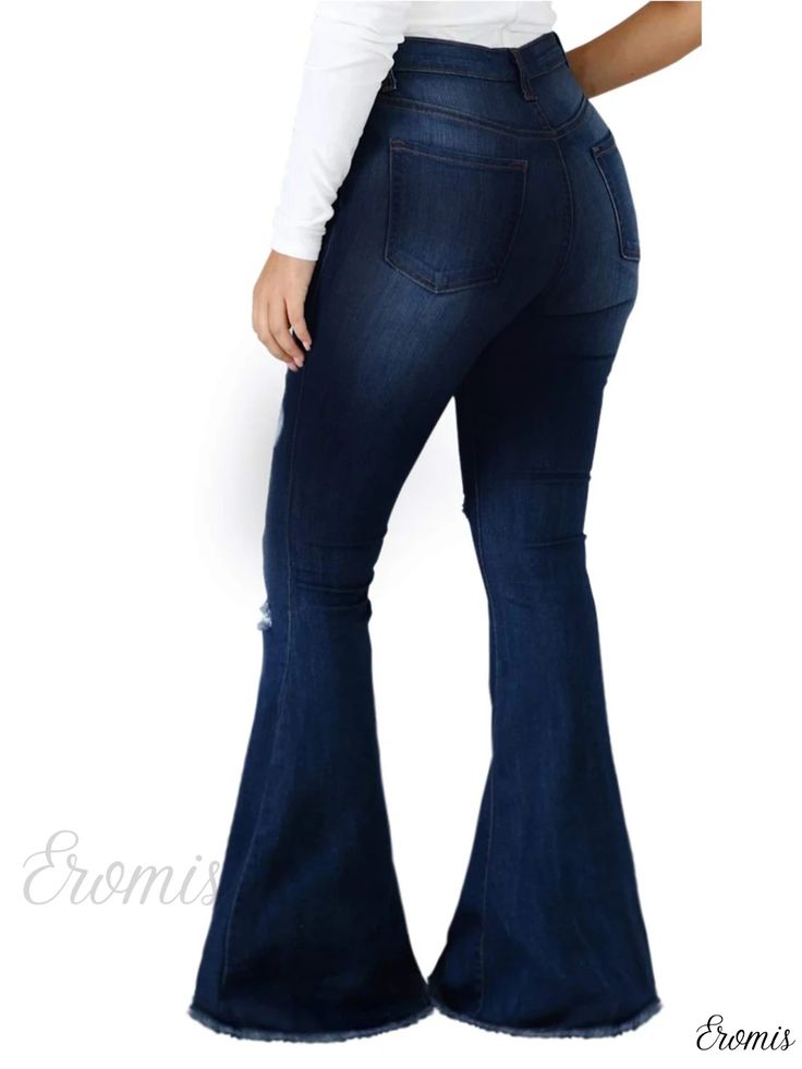 Eromis - High-Waisted Blue Ripped Flared Jeans with Raw Hem and Distressed Slash Pockets - Bell Bottom Denim Pants for Women Black Wide Leg Jeans, Slouch Jeans, Wide Legged Jeans, Bell Jeans, Dolce And Gabbana Jeans, Dark Wash Flare Jeans, Mother Jeans, Pull On Jeans, Striped Jeans