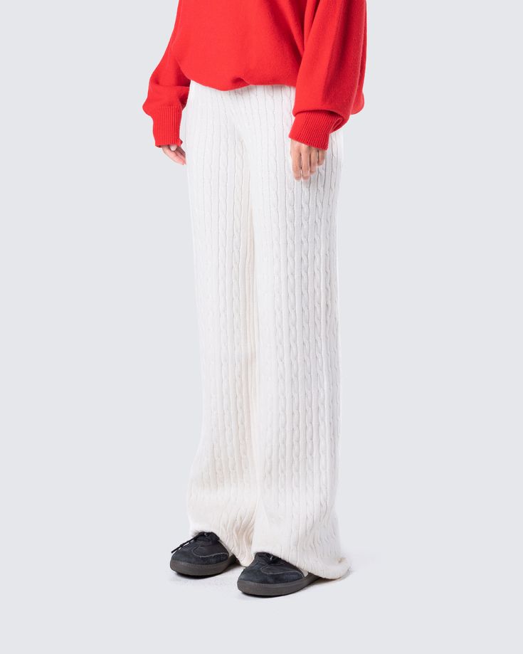 Some wide-leg pants but with a lil twist 😉 Made from sweater knit fabric, complete with a cable knit pattern, mid-rise fit, and elastic waistband - these knit babies will be keeping you warm and cozy on all your chill days ☃️ Winter Full-length Pants With Ribbed Waistband, Cozy Cotton Pants, Winter Wide Leg Stretch Pants With Elastic Waistband, Winter Stretch Wide Leg Pants With Elastic Waistband, Trendy Wide-leg Winter Sweatpants, Trendy Winter Wide-leg Sweatpants, Cozy Fit Long Pants Bottoms, Winter Wide Leg Stretch Cotton Pants, Winter Stretch Cotton Wide Leg Pants