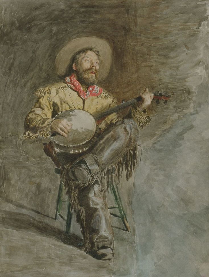 a painting of a man sitting on a chair holding a guitar