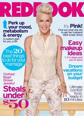 the cover of redbook magazine featuring pink on the front and in the back with her hands on her hips