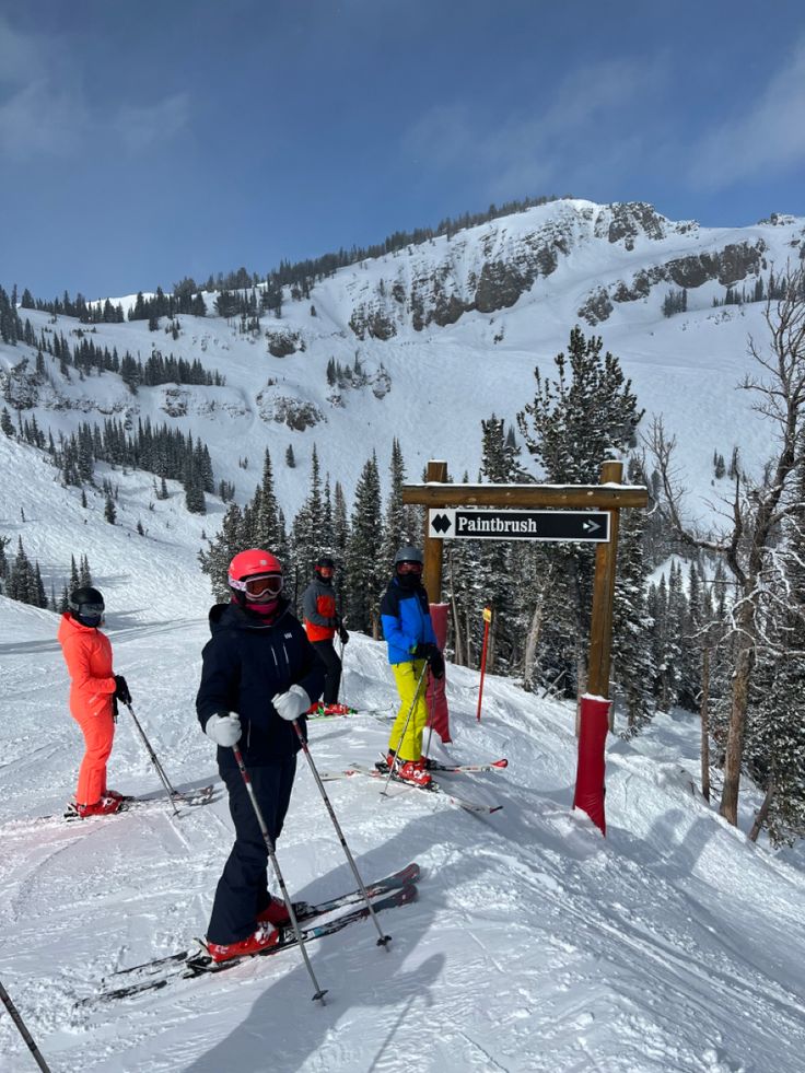 several people on skis at the top of a mountain