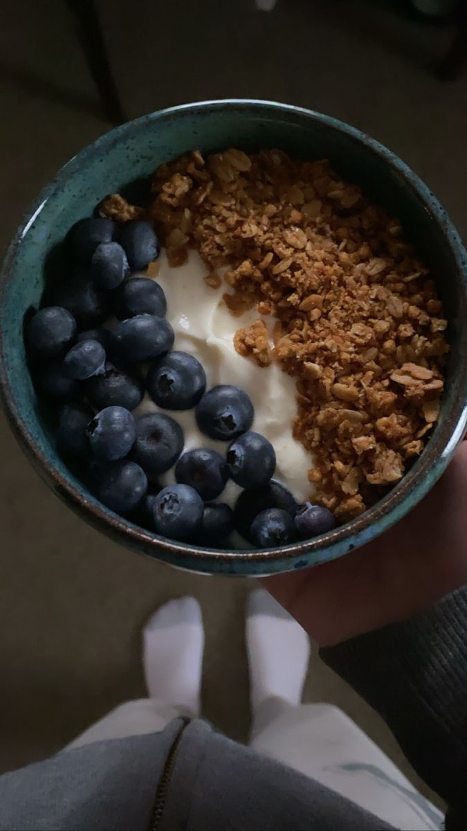 a person holding a bowl of cereal and blueberries with yogurt in it