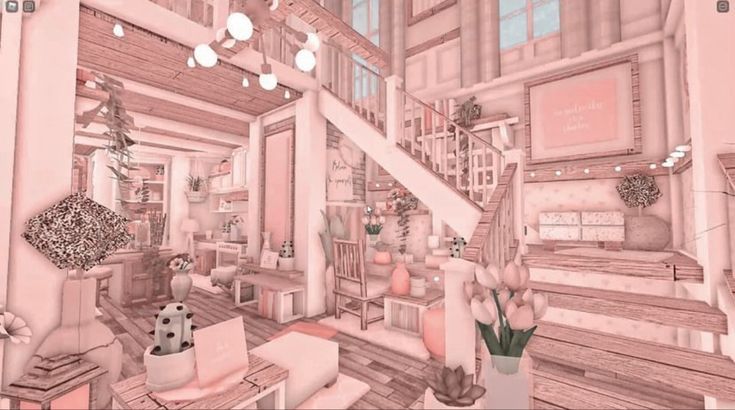 Bloxburg Custom Stairs, Kawaii Bloxburg House, Bloxburg Cute House, Bloxburg Instagram, Cottage Core Bloxburg House, Bloxburg Aesthetic, Pinterest Kitchen, Bloxburg Interior, Bloxburg Building